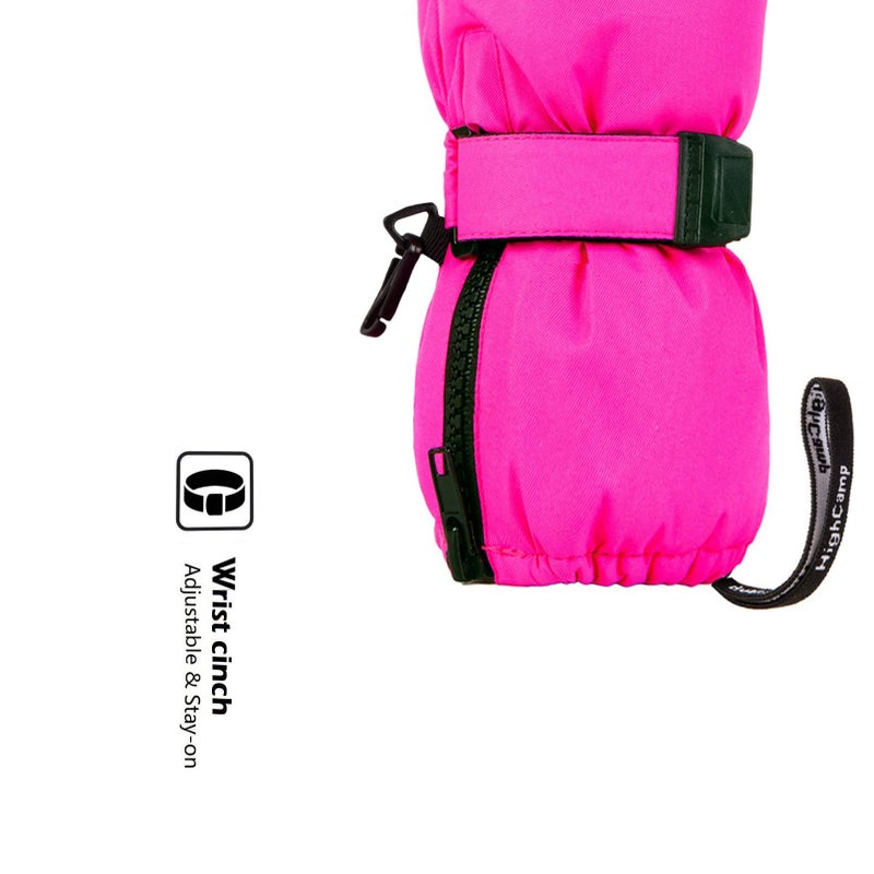 HIGHCAMP Kids Long Cuff Winter Snow Ski Mitten with Zipper Waterproof Gloves for Toddler Boys Girls-Rosa,XS (1-3 Y) - Image 4